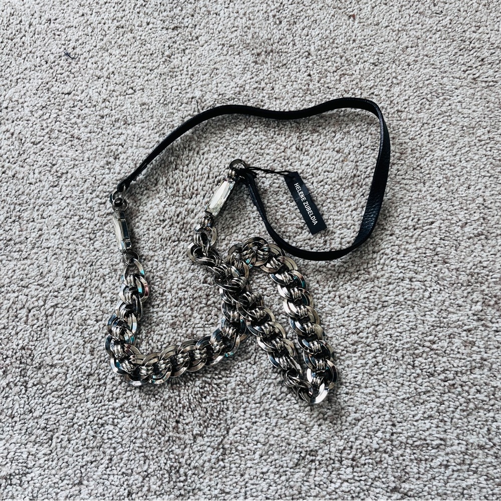 Helene Zubeldia Paris Silver-Tone Chain & Leather Crystal Statement Necklace NWT
